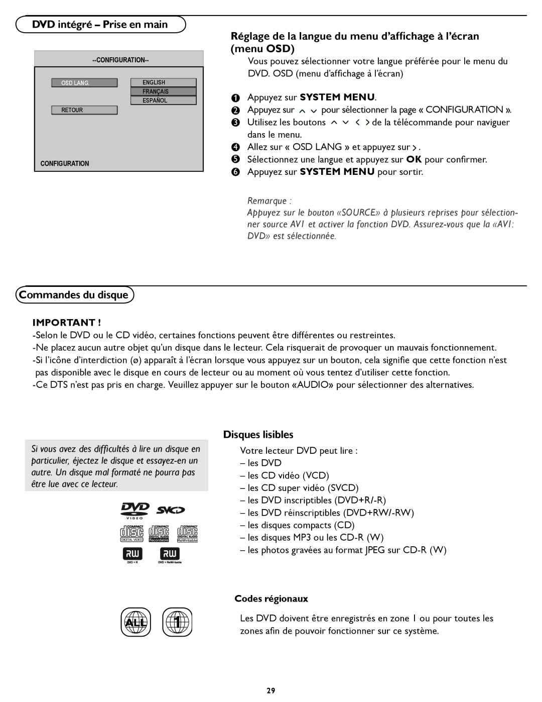 Magnavox 26MD/32MD251D user manual DVD intégré Prise en main, Réglage de la langue du menu d’afﬁchage à l’écran menu OSD 