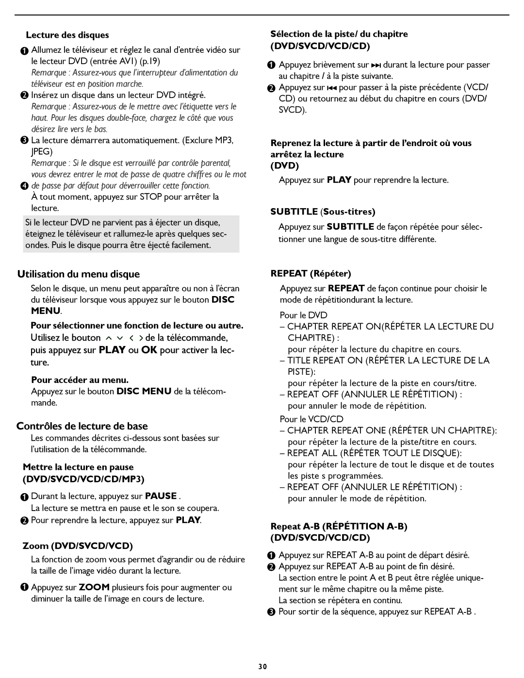 Magnavox 26MD/32MD251D user manual Utilisation du menu disque, Contrôles de lecture de base 