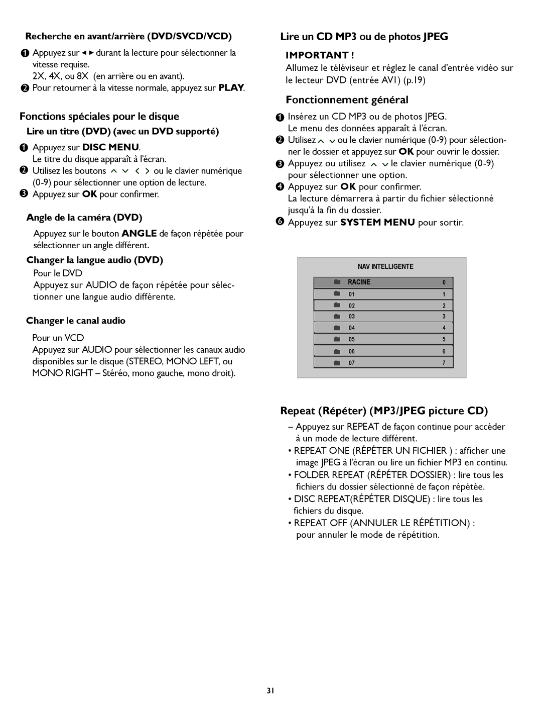 Magnavox 26MD/32MD251D Fonctions spéciales pour le disque, Lire un CD MP3 ou de photos Jpeg, Fonctionnement général 