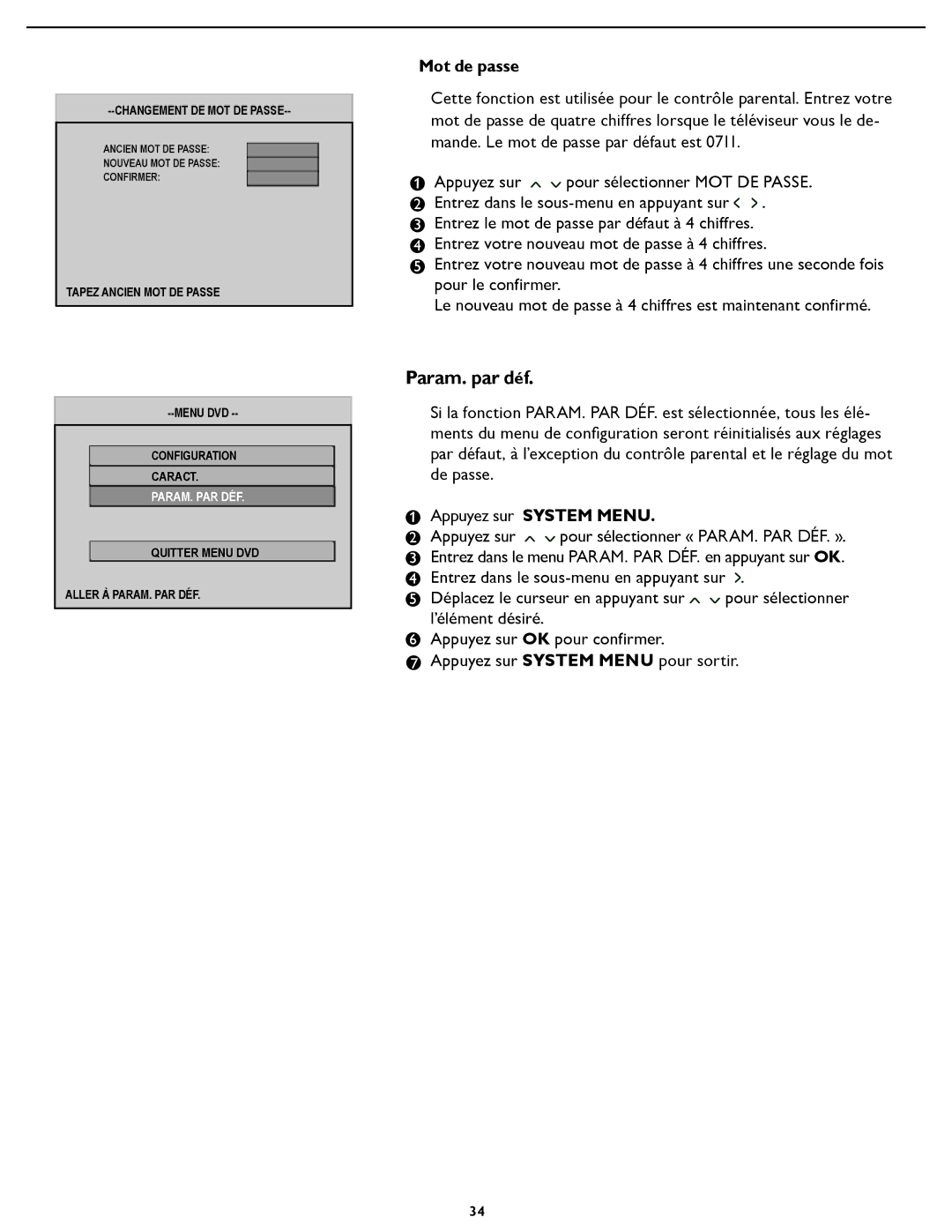 Magnavox 26MD/32MD251D user manual Param. par déf, Mot de passe 