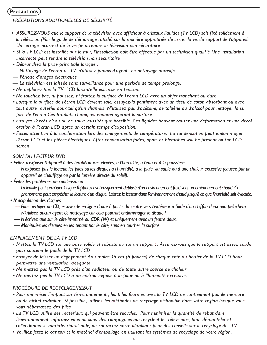 Magnavox 26MD/32MD251D user manual Précautions Additionelles DE Sécurité 