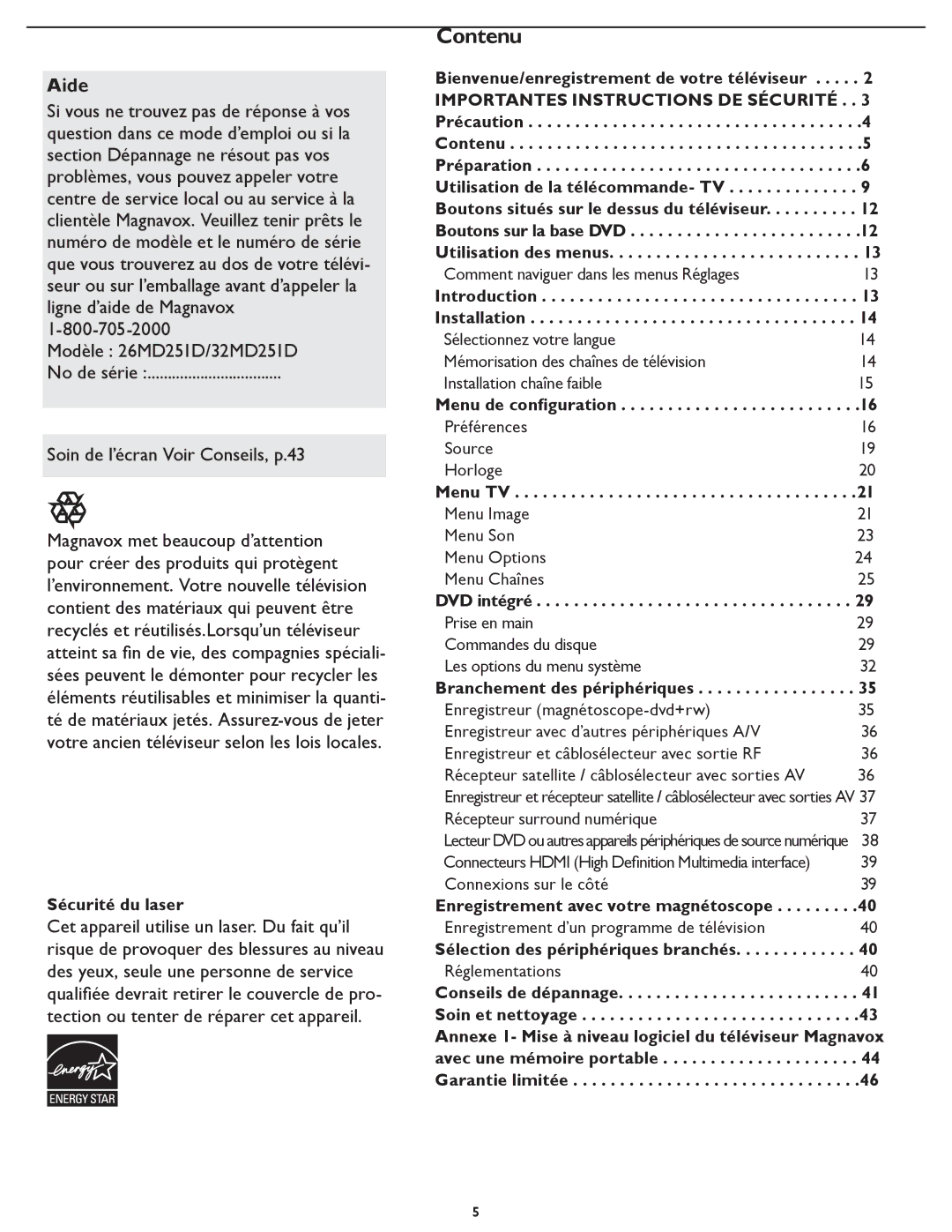 Magnavox 26MD/32MD251D Aide, Sécurité du laser, Bienvenue/enregistrement de votre téléviseur, Introduction Installation 