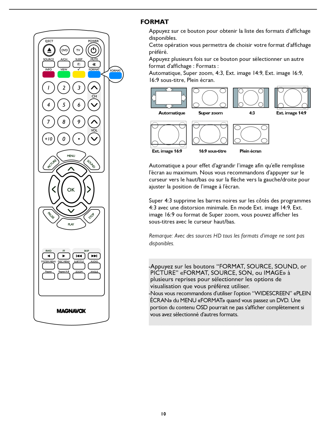 Magnavox 26MD/32MD251D user manual Format, Automatique, Super zoom, Ext. image, sous-titre 