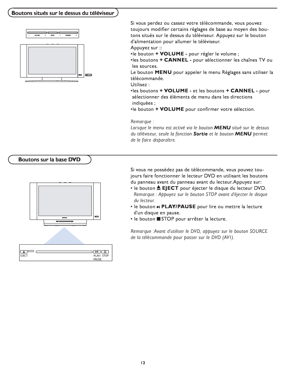 Magnavox 26MD/32MD251D user manual Boutons situés sur le dessus du téléviseur, Boutons sur la base DVD 
