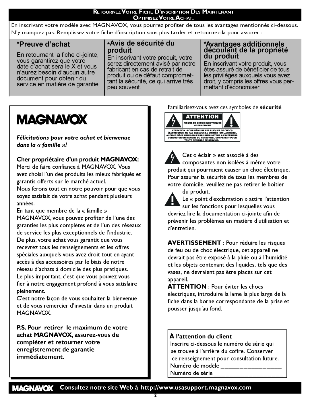 Magnavox 26MD/32MD251D user manual Preuve d’achat, Avis de sécurité du produit, À l’attention du client 