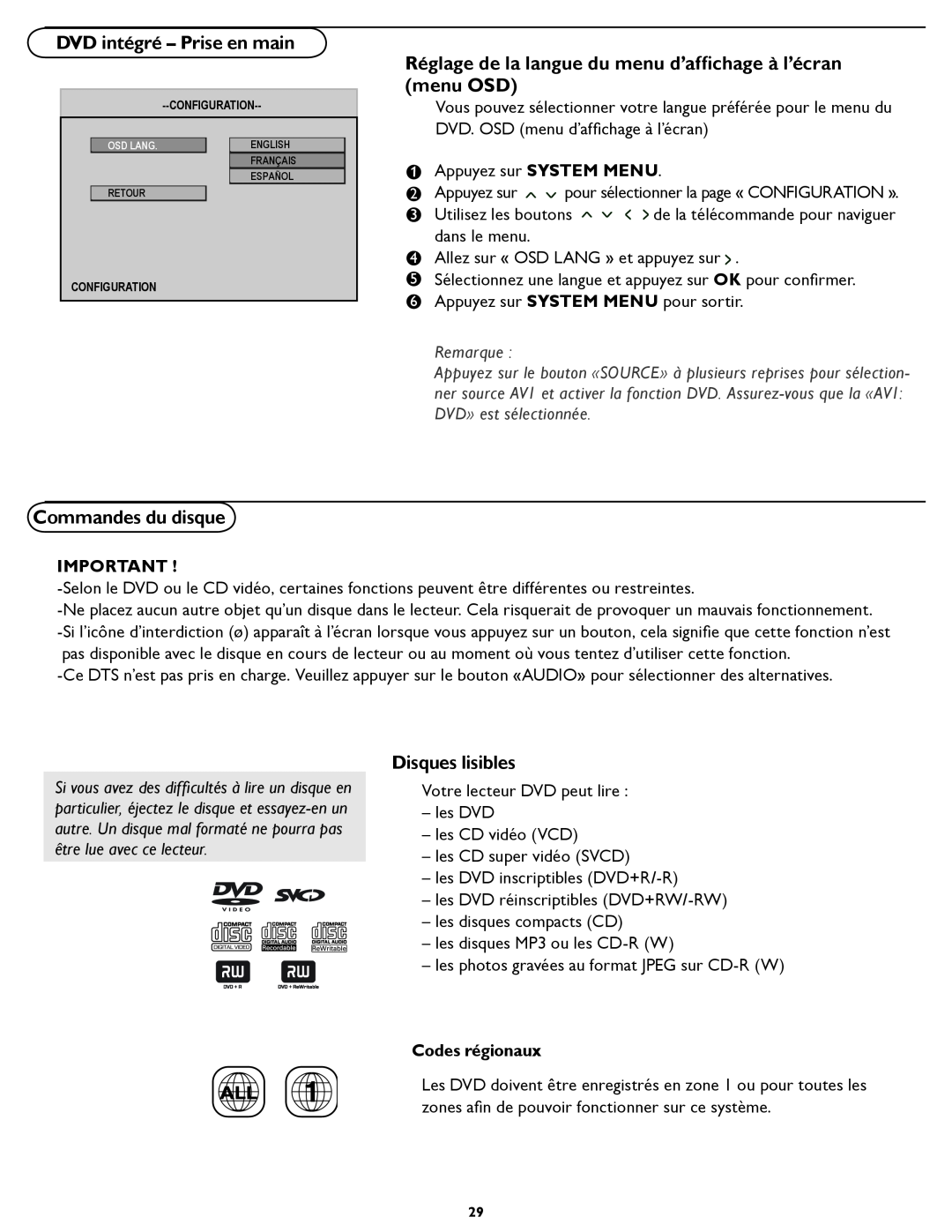Magnavox 26MD/32MD251D user manual DVD intégré - Prise en main, Réglage de la langue du menu d’afﬁchage à l’écran menu OSD 
