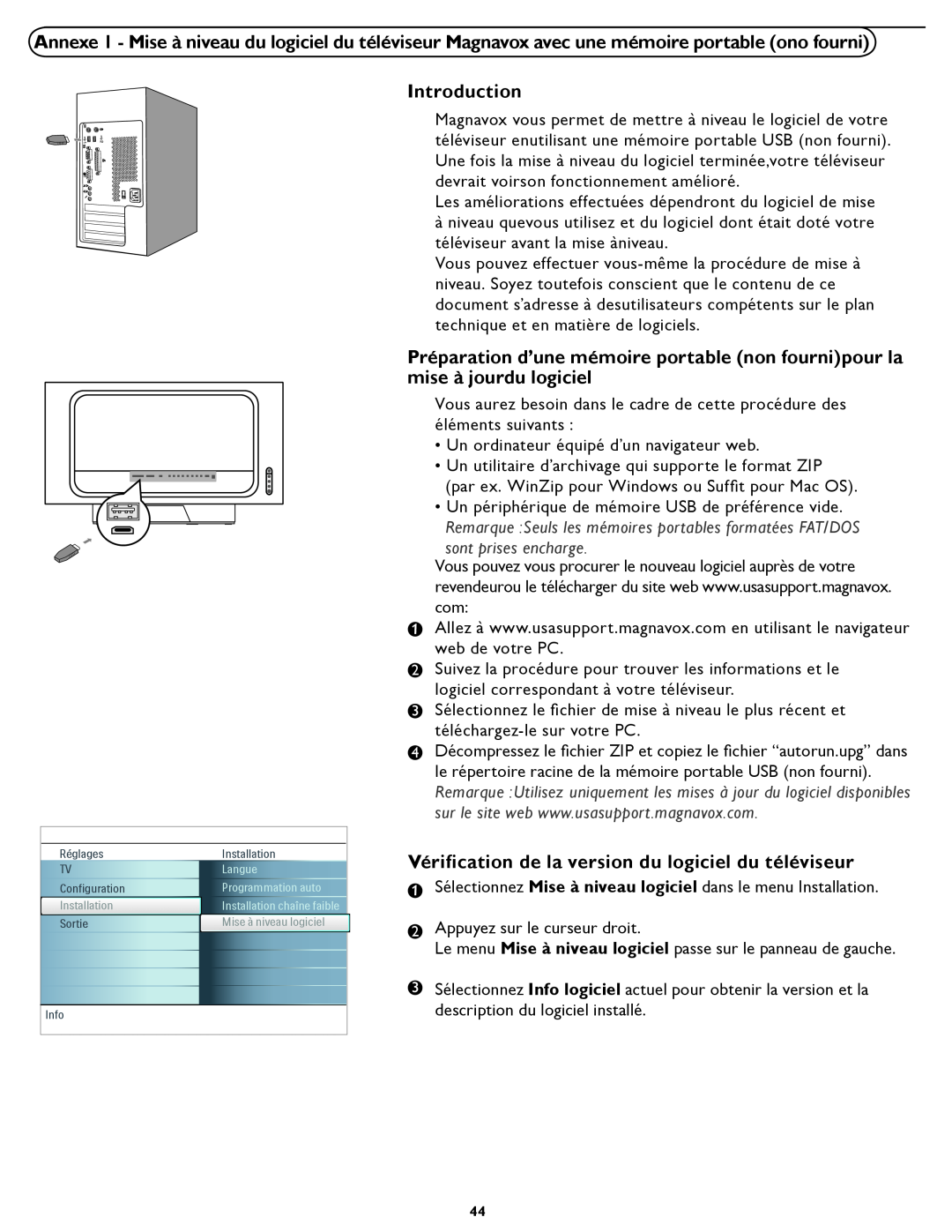Magnavox 26MD/32MD251D user manual Introduction, Vériﬁcation de la version du logiciel du téléviseur, sont prises encharge 