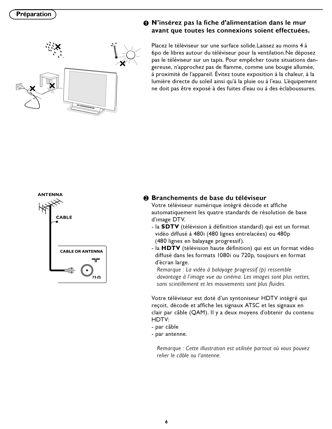Magnavox 26MD/32MD251D user manual Préparation, Branchements de base du téléviseur 
