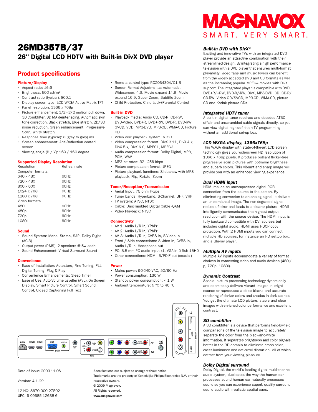 Magnavox 26md357b manual Built-in DVD with DivX, Integrated Hdtv tuner, LCD Wxga display, 1366x768p, Dual Hdmi input 