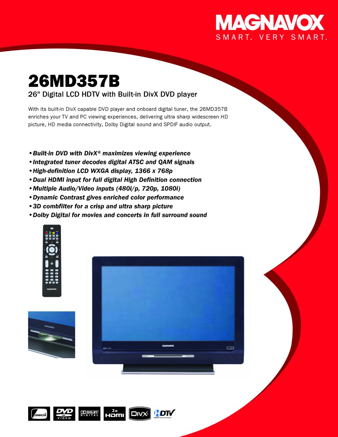 Magnavox 26md357b manual 26MD357B, Digital LCD HDTV with Built-in DivX DVD player 