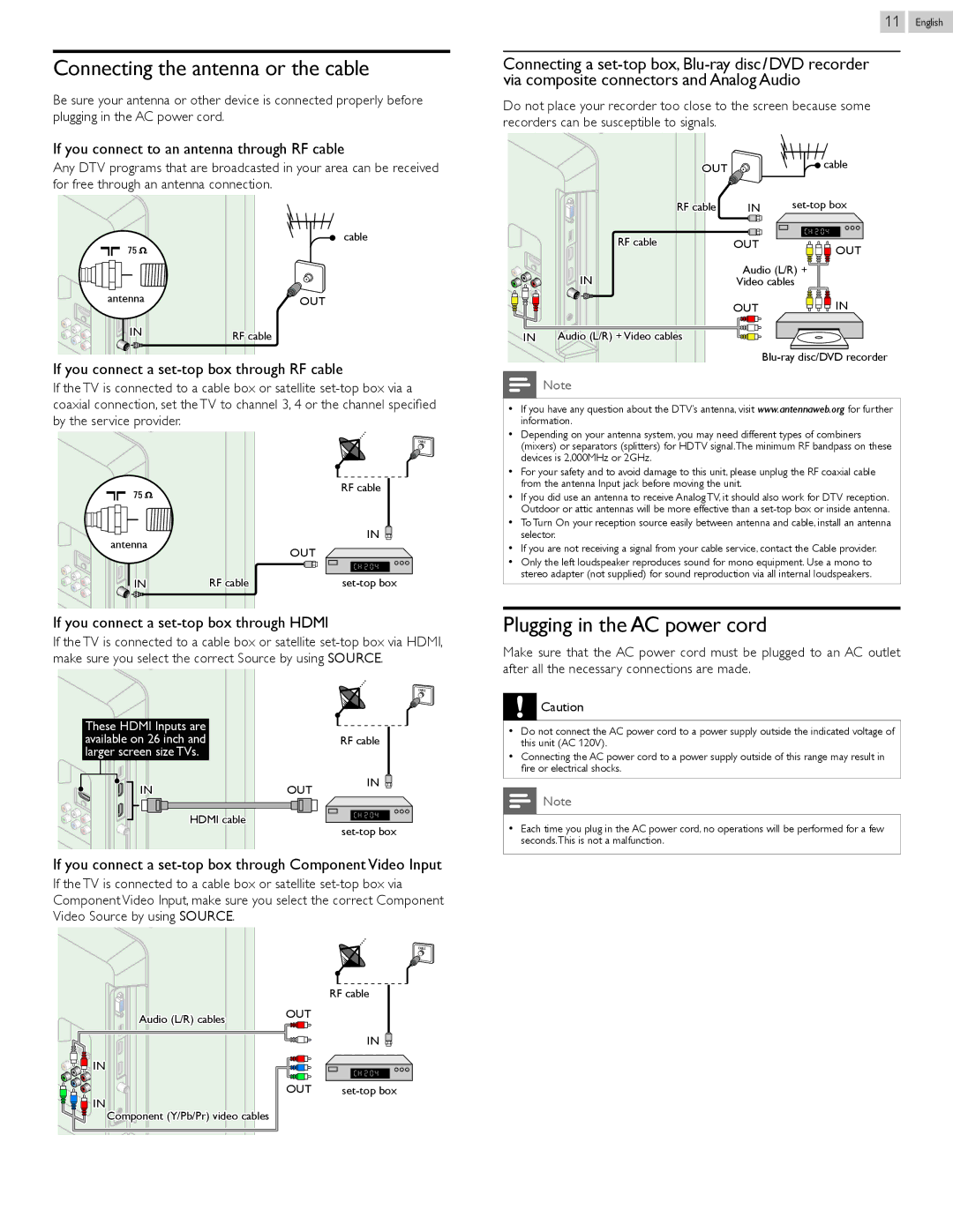 Magnavox 39ME412V, 26ME402V owner manual Connecting the antenna or the cable, Plugging in the AC power cord 