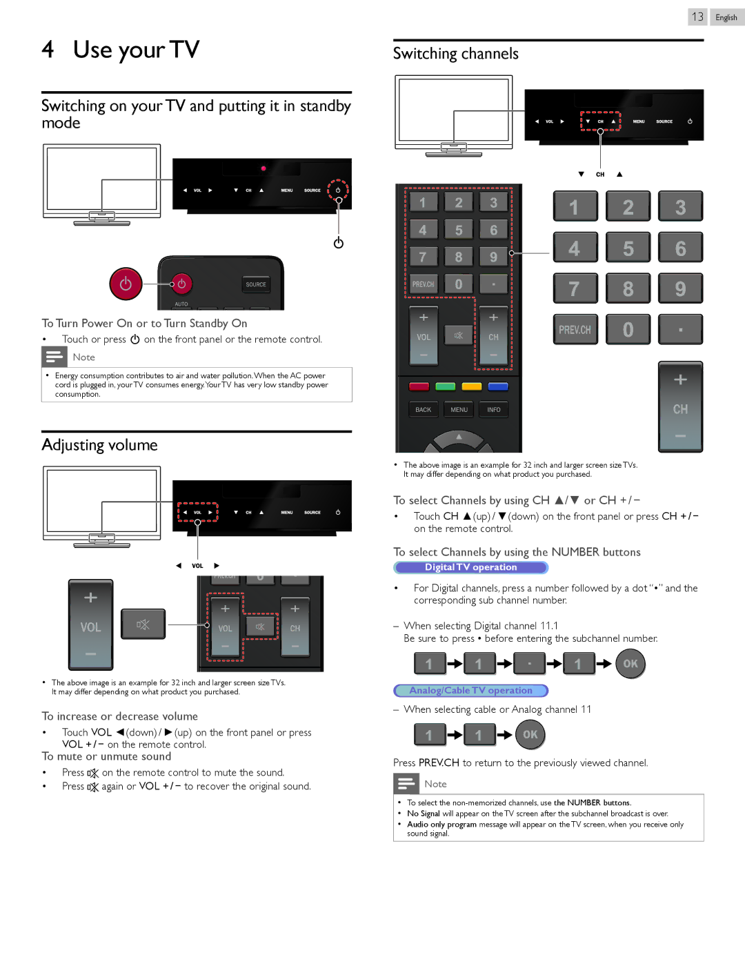 Magnavox 39ME412V Use your TV, Switching channels, Switching on your TV and putting it in standby mode, Adjusting volume 