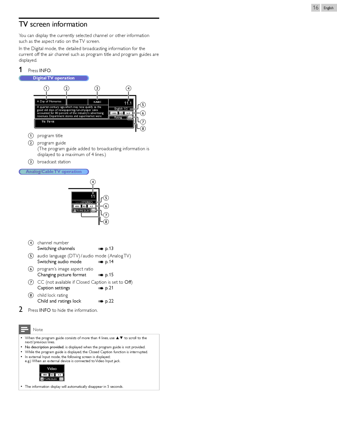 Magnavox 26ME402V, 39ME412V TV screen information, Channel number, Program’s image aspect ratio Changing picture format 