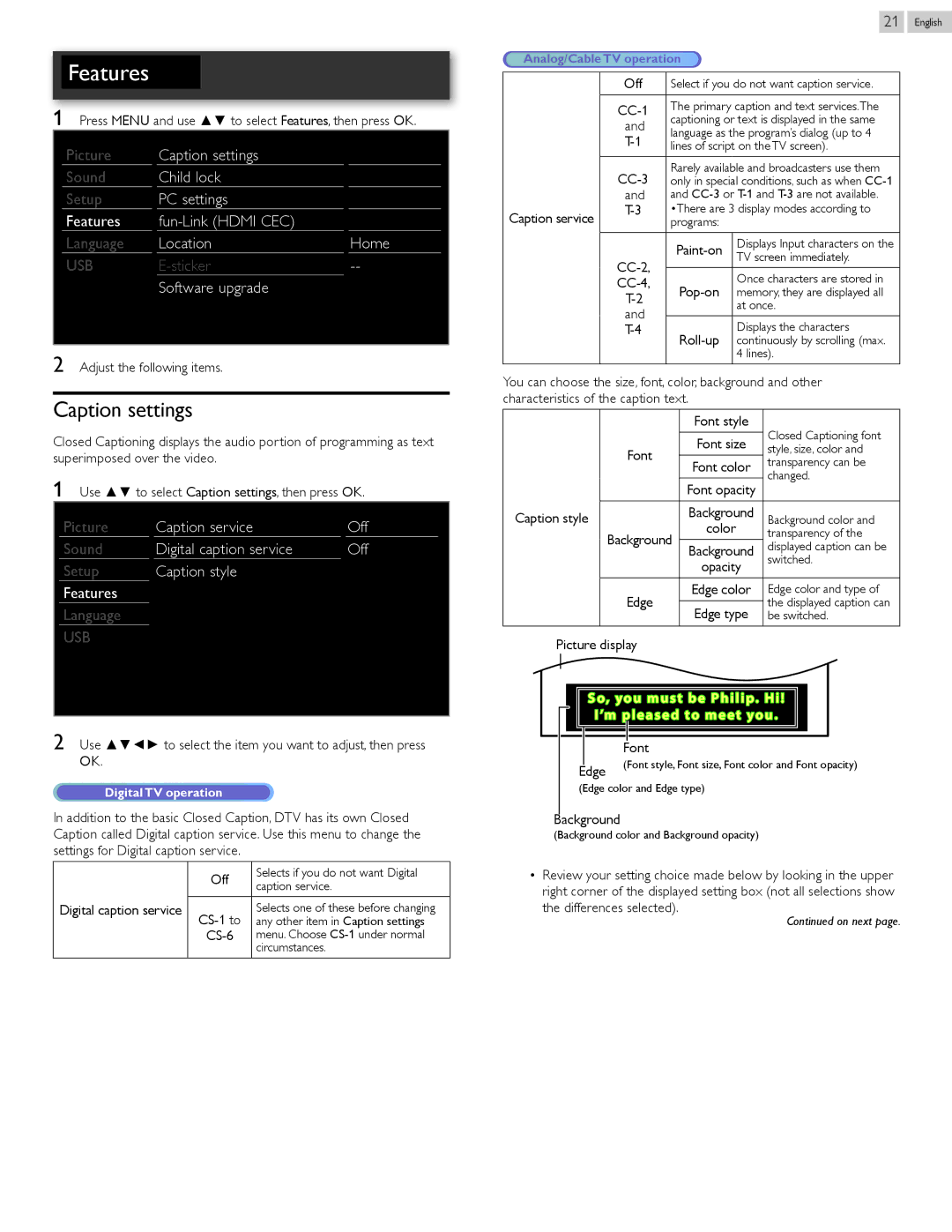 Magnavox 39ME412V, 26ME402V owner manual Caption settings 