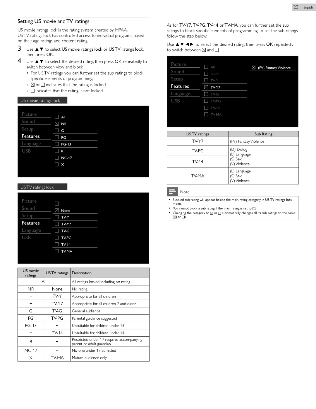 Magnavox 39ME412V, 26ME402V owner manual Setting US movie and TV ratings, Tv-Pg, TV-14, Tv-Ma 