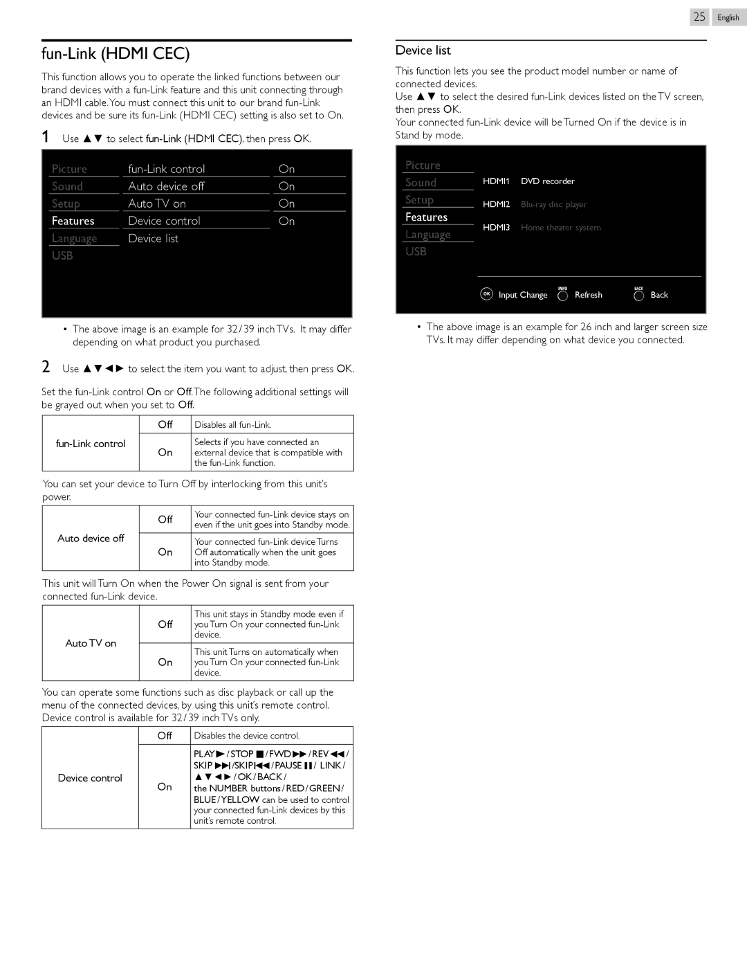 Magnavox 39ME412V, 26ME402V owner manual Fun-Link Hdmi CEC, Device list 