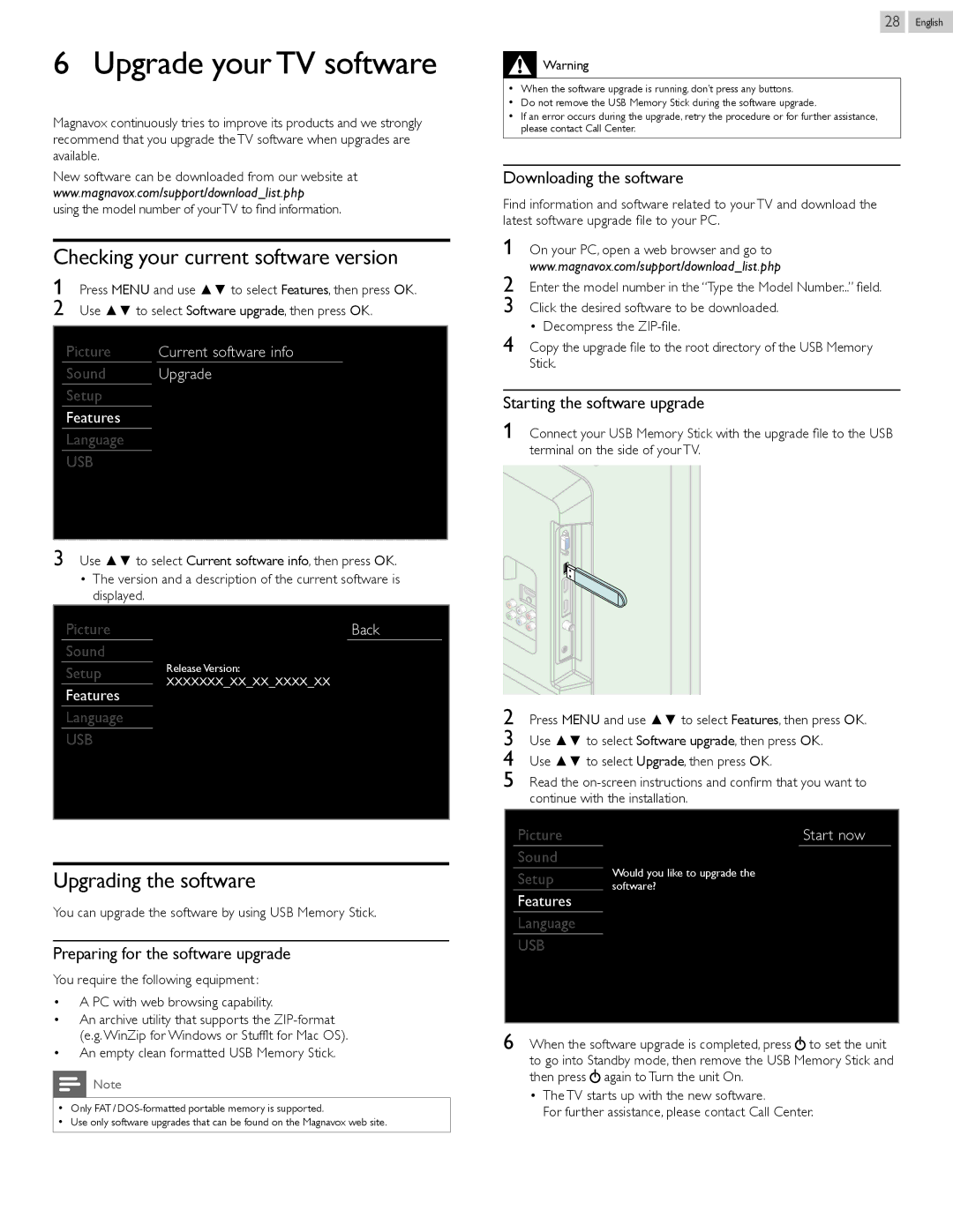 Magnavox 26ME402V, 39ME412V Upgrade your TV software, Checking your current software version, Upgrading the software 