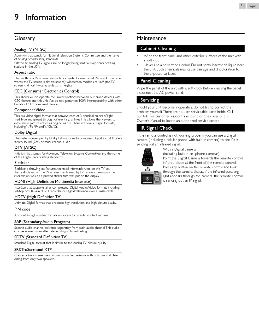 Magnavox 26ME402V, 39ME412V owner manual Information, Glossary, Maintenance 