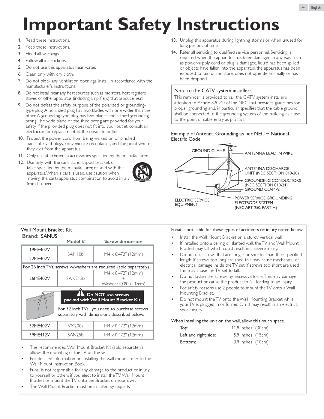 Magnavox 26ME402V, 39ME412V owner manual Wall Mount Bracket Kit 