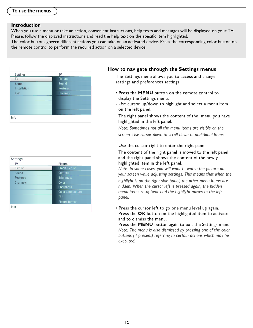 Magnavox 26MF/32MF231D user manual To use the menus Introduction, How to navigate through the Settings menus 