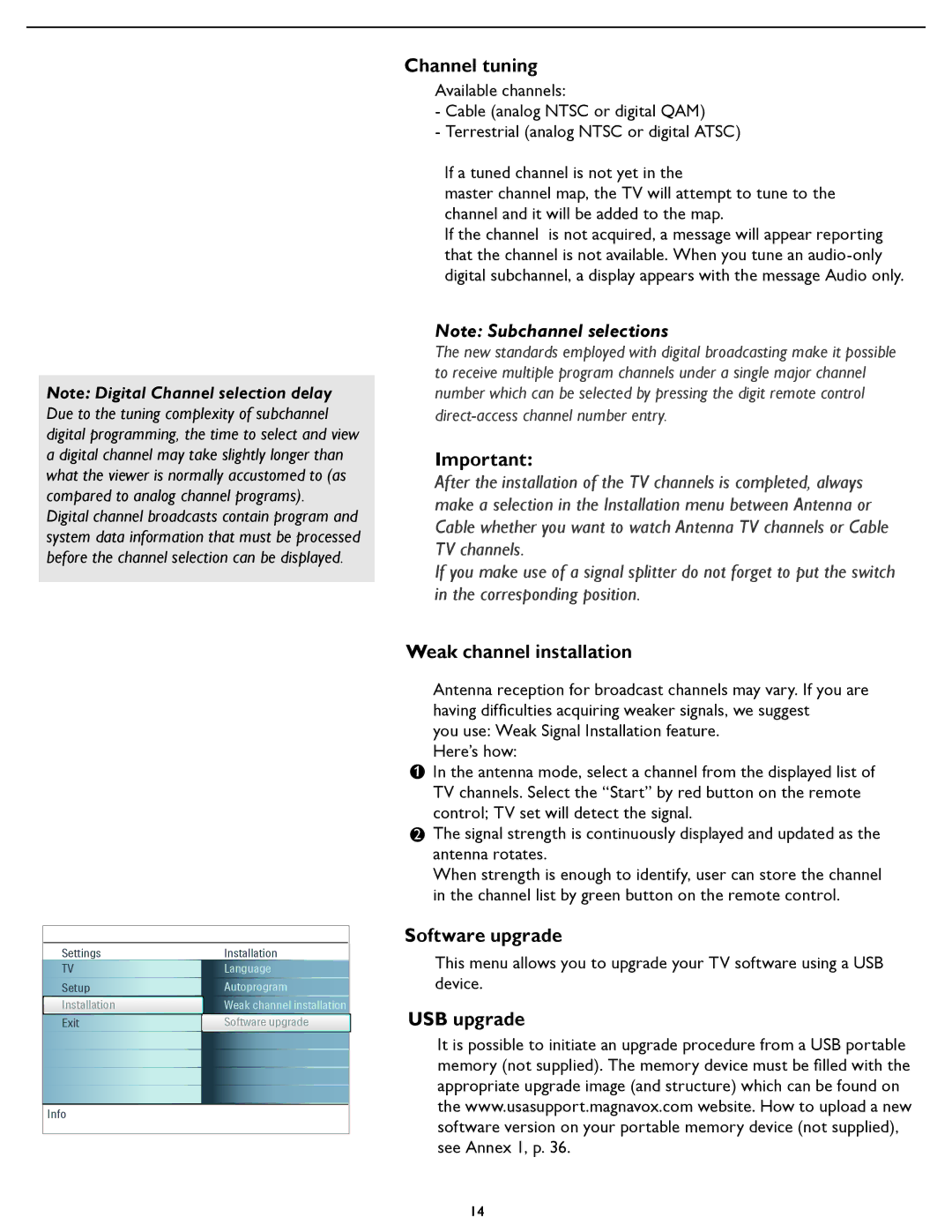 Magnavox 26MF/32MF231D user manual Channel tuning, Weak channel installation, Software upgrade, USB upgrade 
