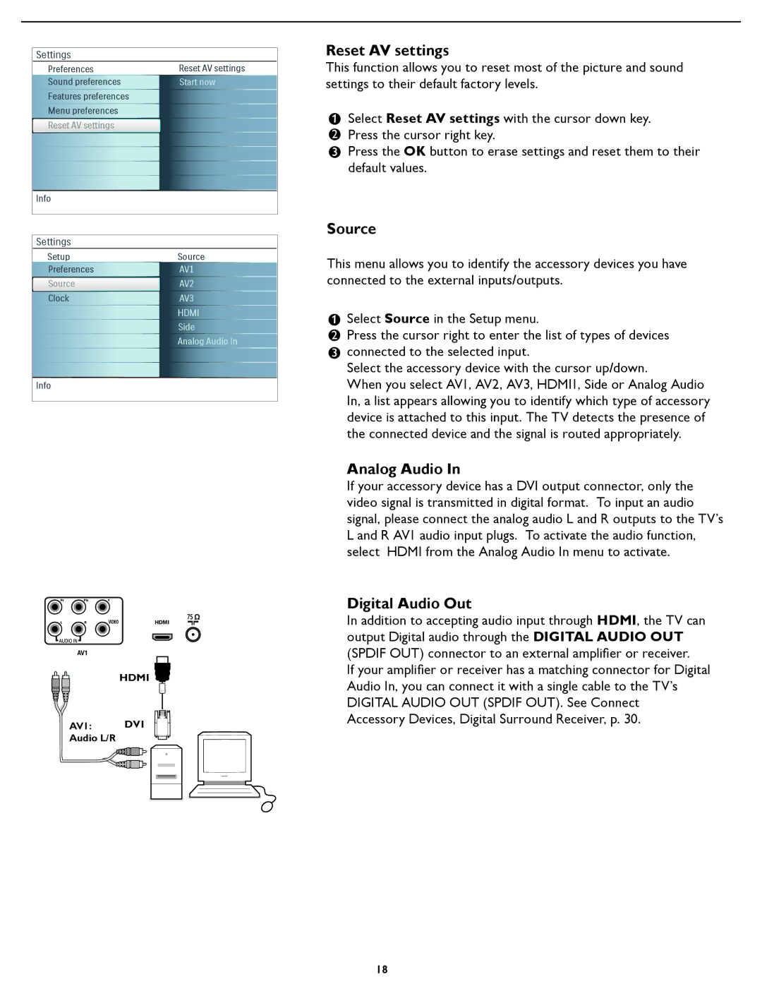 Magnavox 26MF/32MF231D user manual Reset AV settings, Source, Analog Audio, Digital Audio Out 