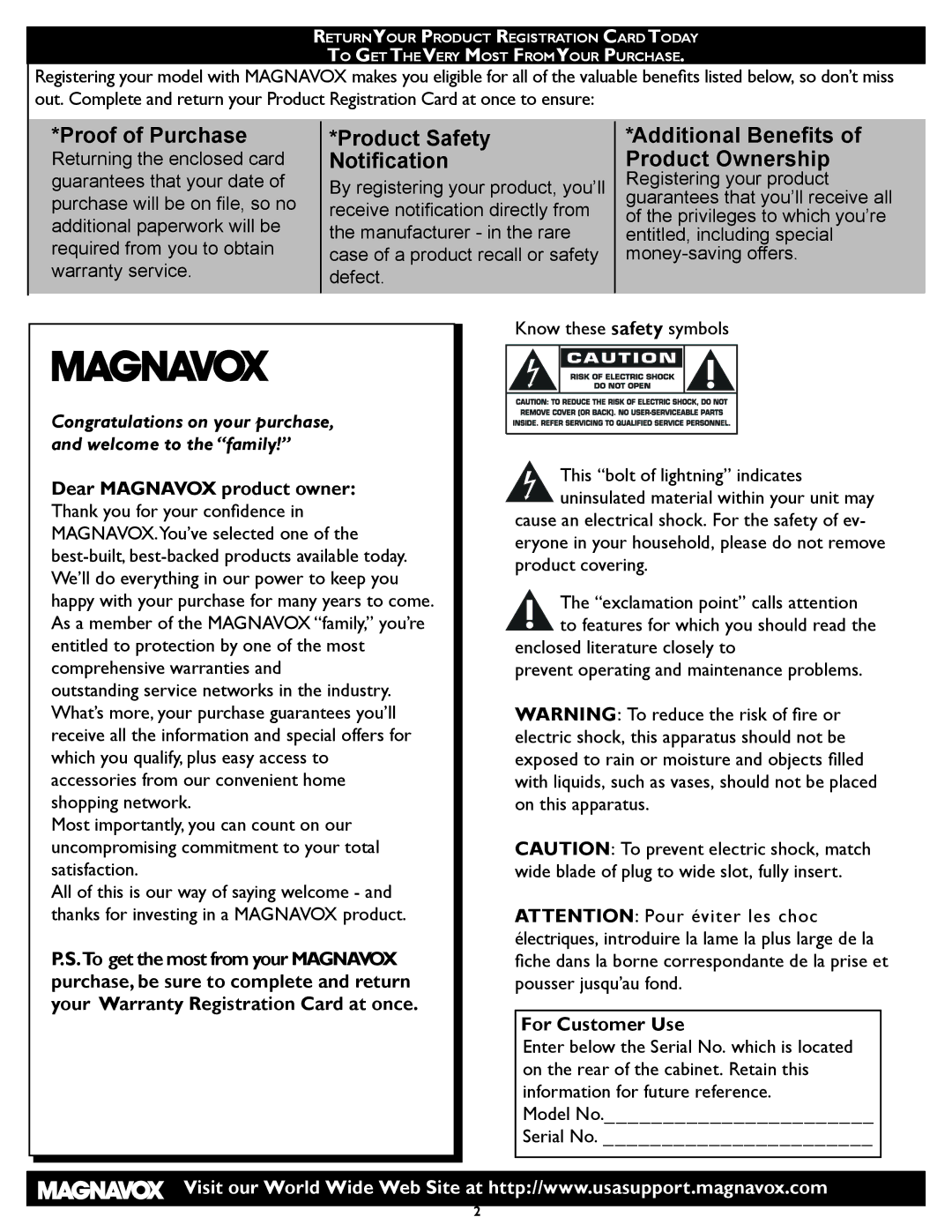 Magnavox 26MF/32MF231D user manual Proof of Purchase, For Customer Use 