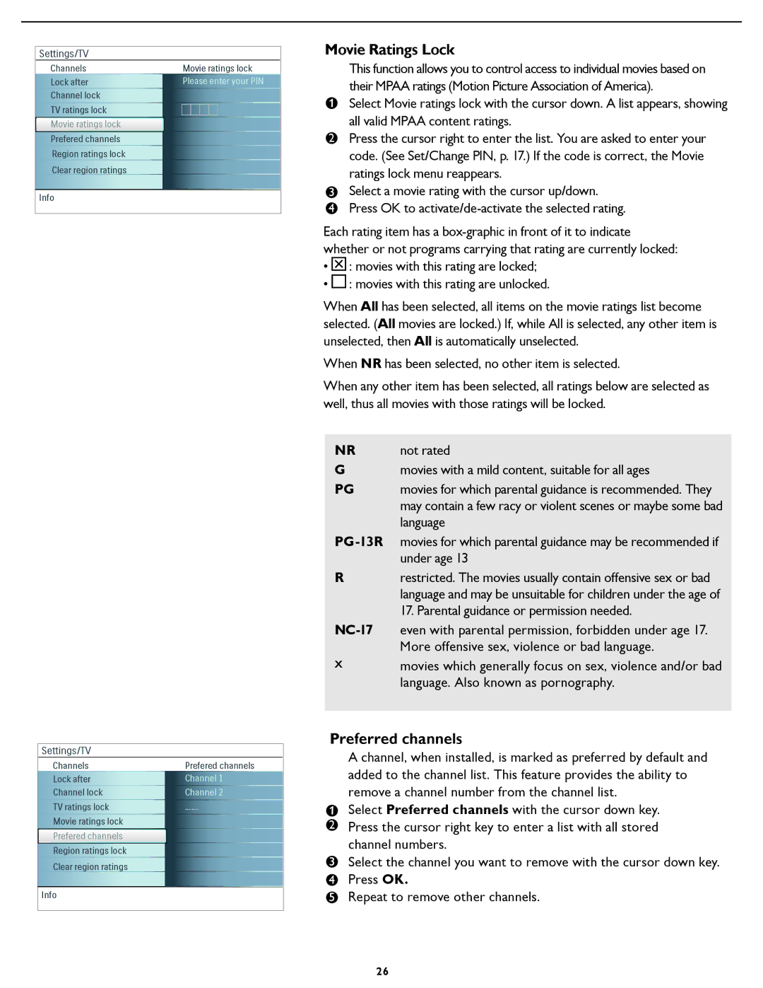 Magnavox 26MF/32MF231D user manual Movie Ratings Lock, Preferred channels 