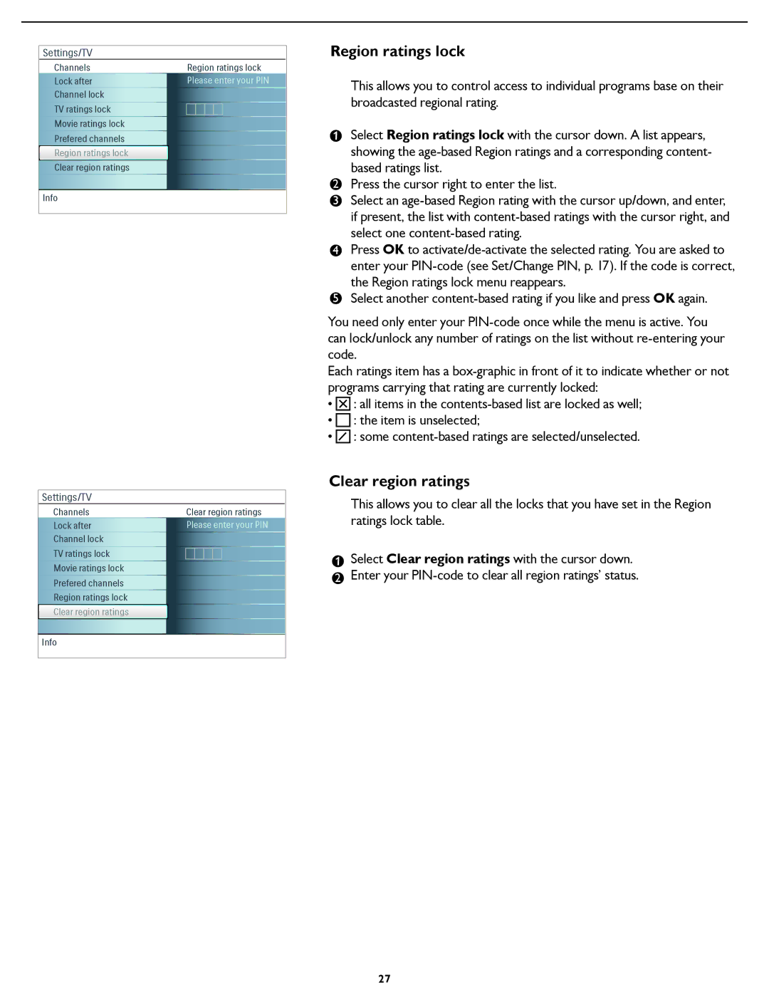 Magnavox 26MF/32MF231D user manual Region ratings lock, Clear region ratings 