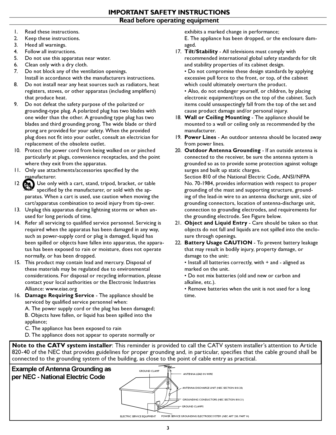 Magnavox 26MF/32MF231D user manual Important Safety Instructions, Read before operating equipment 