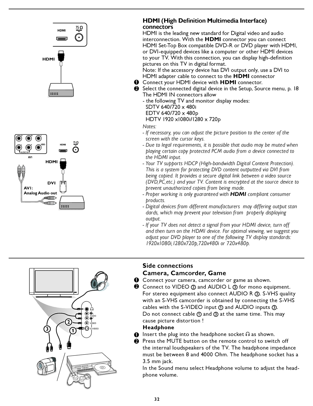 Magnavox 26MF Hdmi High Deﬁnition Multimedia Interface connectors, Side connections Camera, Camcorder, Game, Headphone 