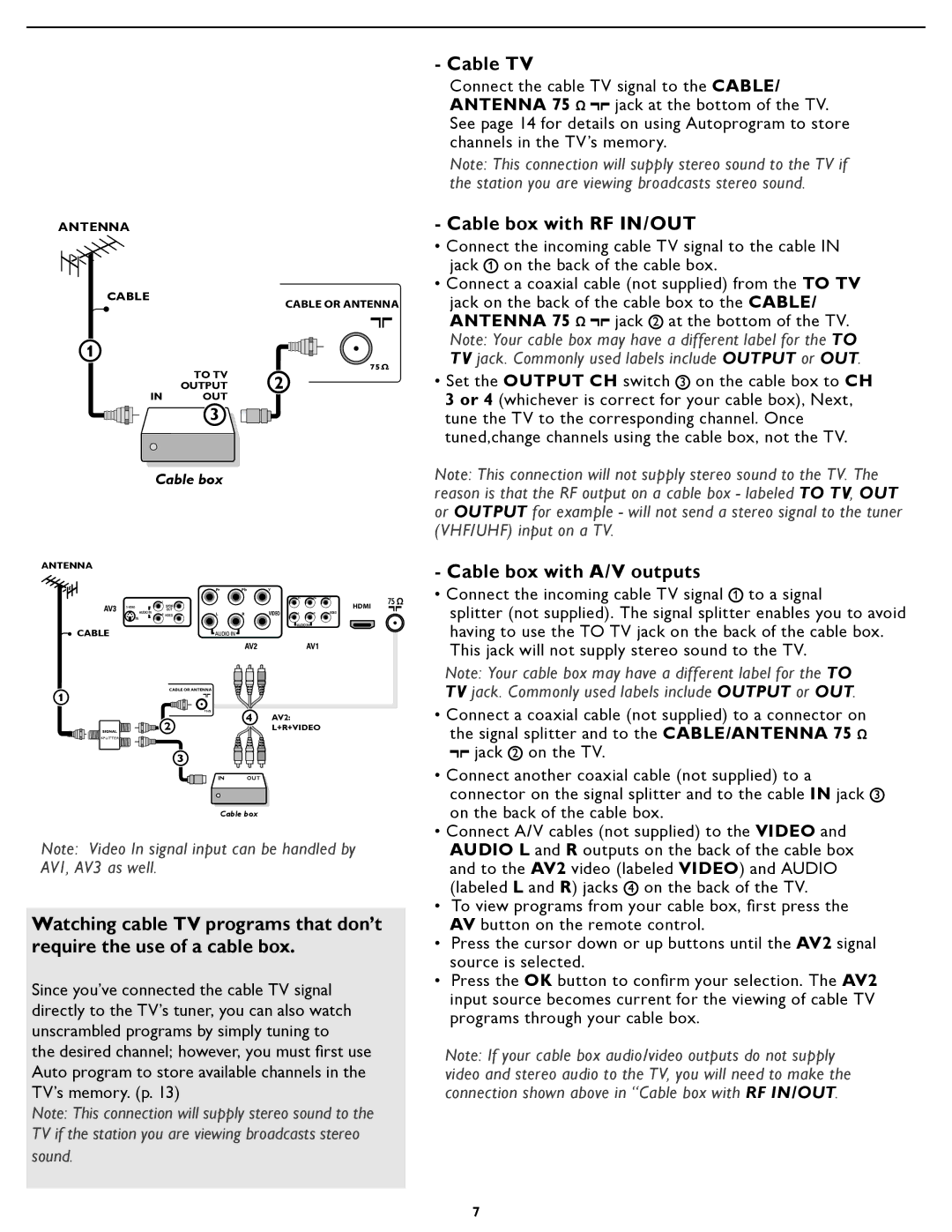 Magnavox 26MF/32MF231D user manual Cable TV, Cable box with RF IN/OUT, Cable box with A/V outputs 