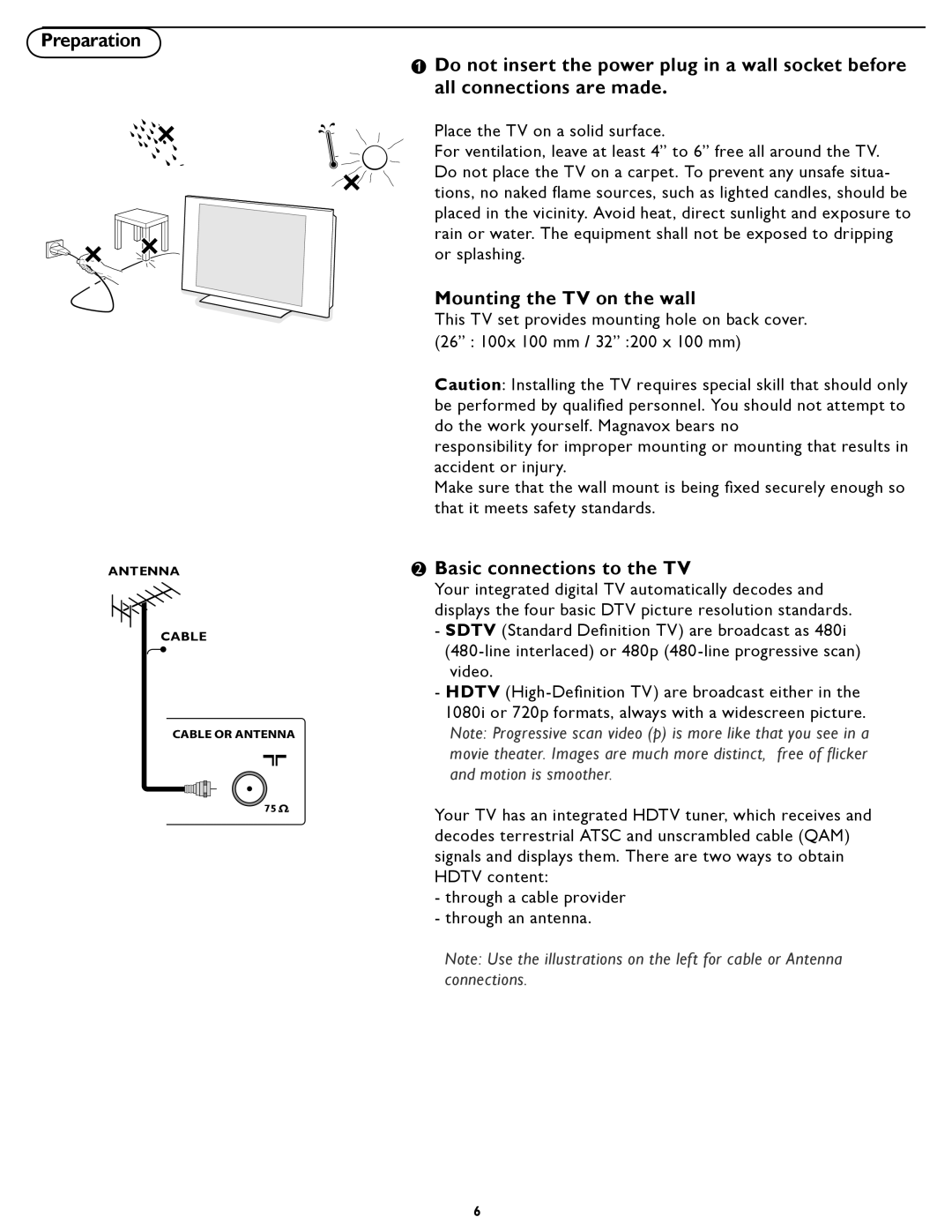 Magnavox 26MF/32MF231D user manual Preparation, Mounting the TV on the wall, Basic connections to the TV 