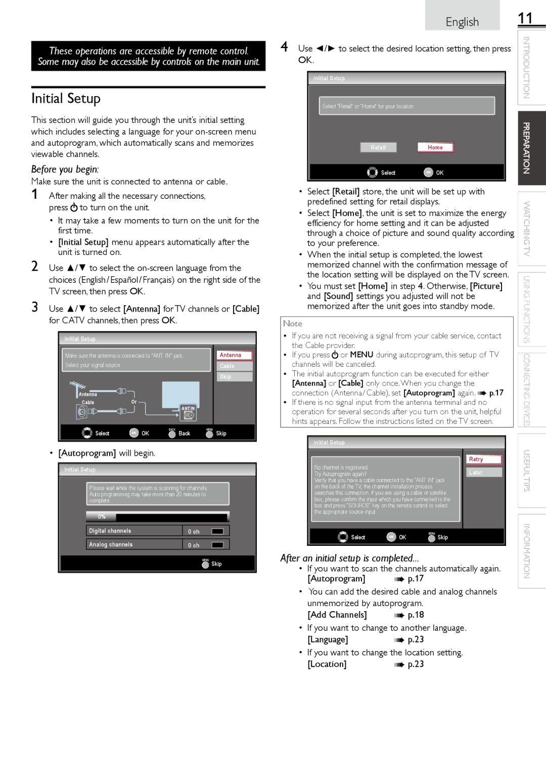 Magnavox 26MF301B owner manual Initial Setup 