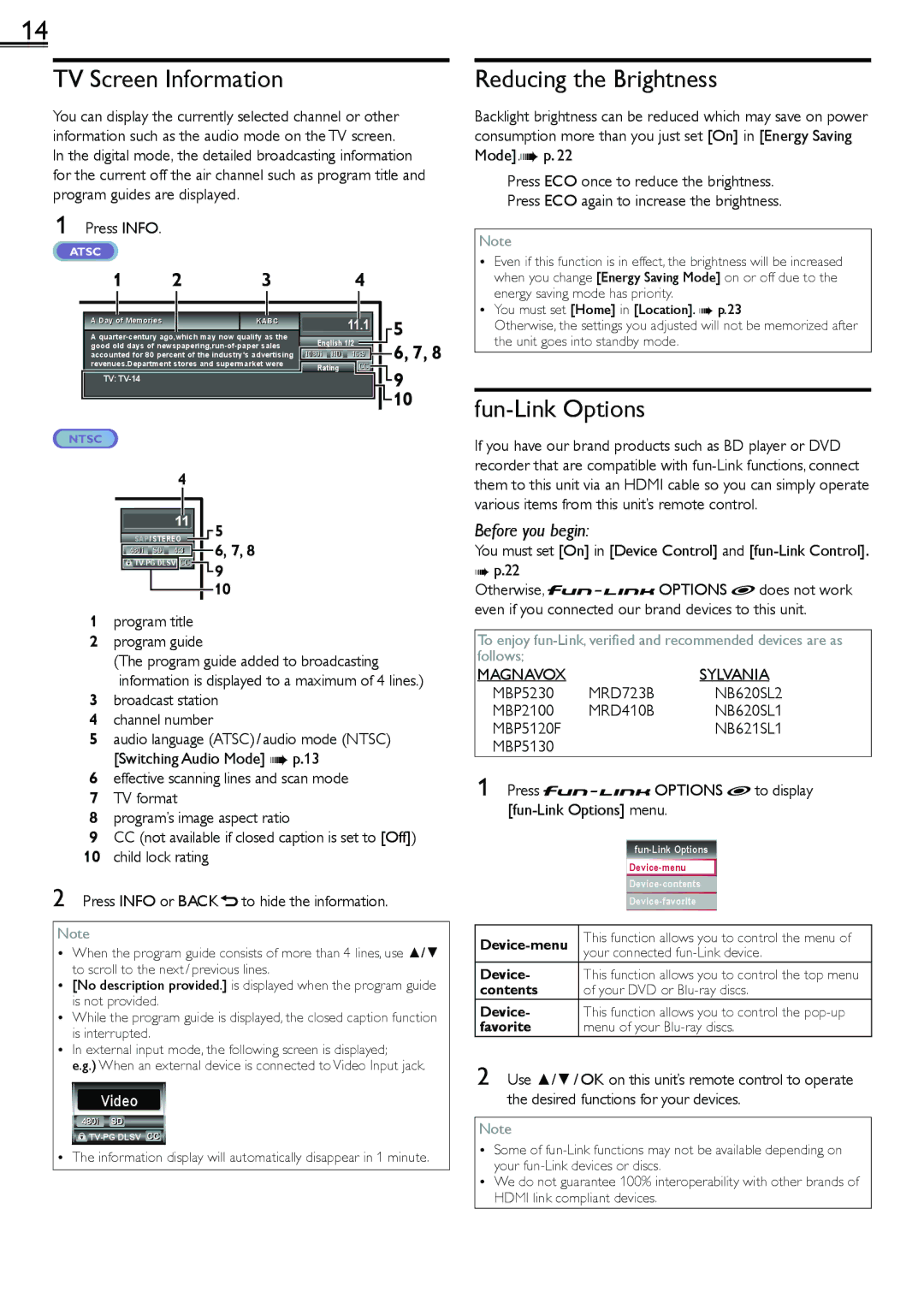 Magnavox 26MF301B owner manual TV Screen Information, Reducing the Brightness, Fun-Link Options 