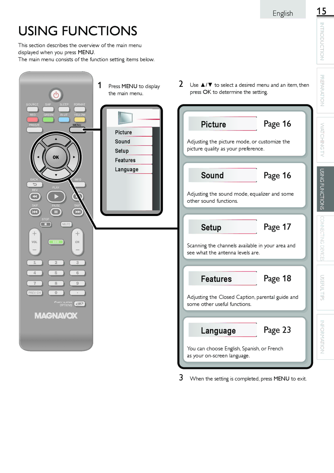 Magnavox 26MF301B owner manual Using Functions 