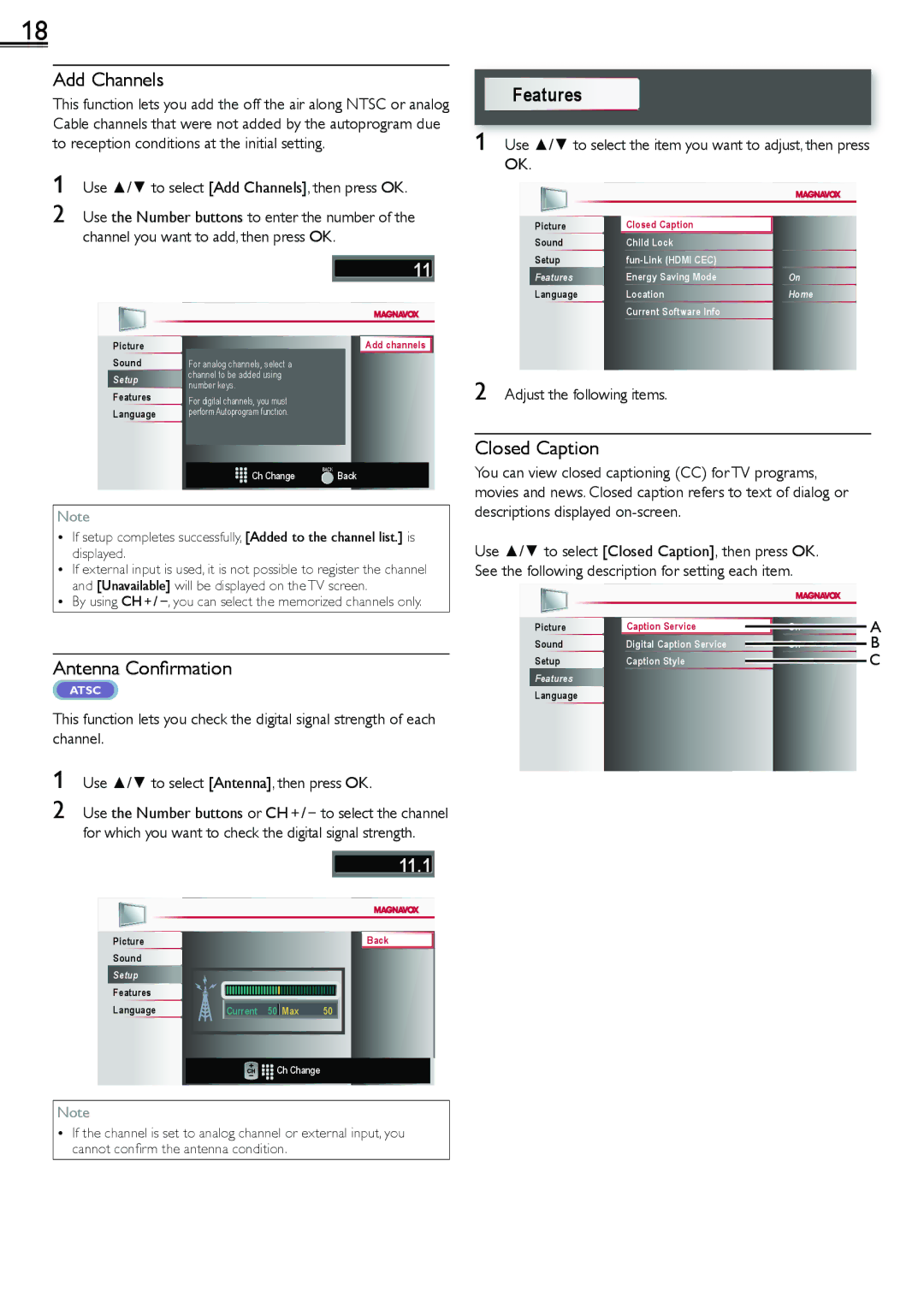 Magnavox 26MF301B owner manual Add Channels, Closed Caption, Antenna Conﬁrmation 