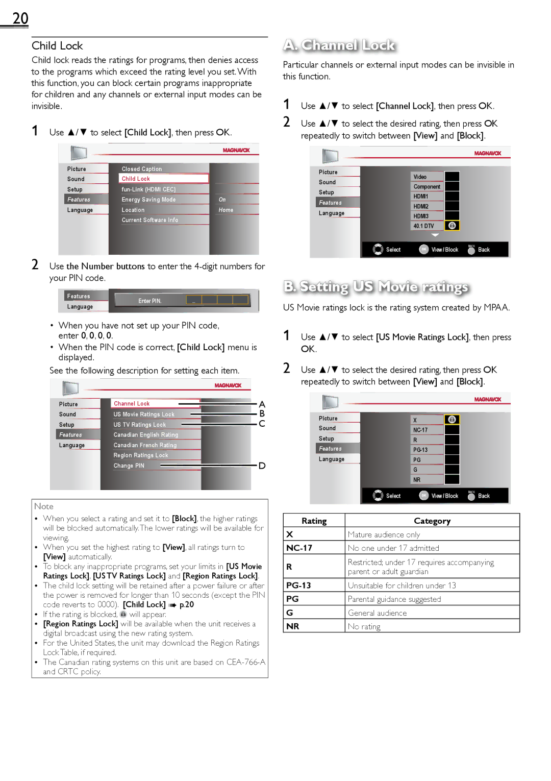 Magnavox 26MF301B Use / to select Child Lock, then press OK, Use / to select US Movie Ratings Lock, then press OK 