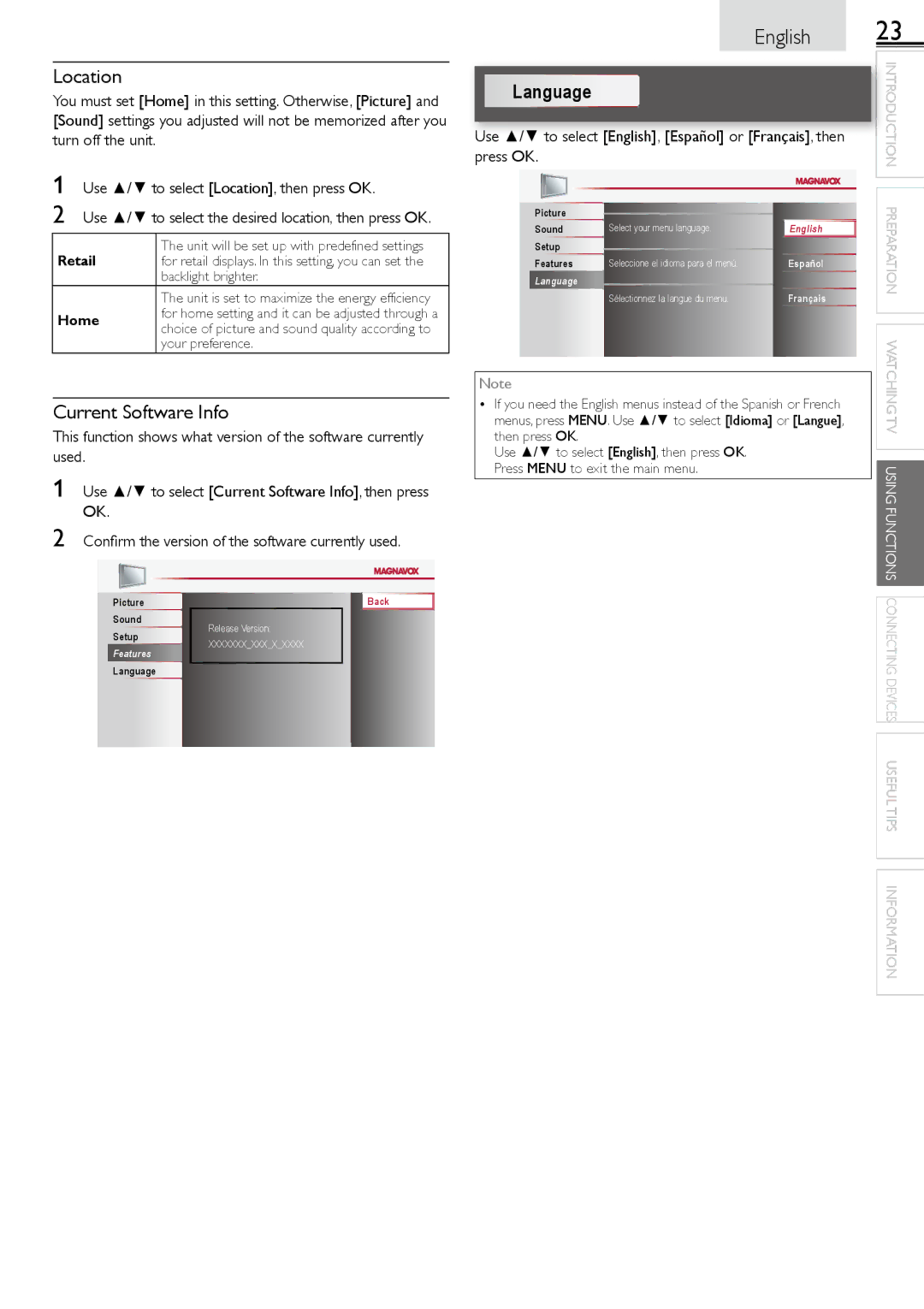 Magnavox 26MF301B Location, Current Software Info, Use / to select English, Español or Français, then press OK, Retail 