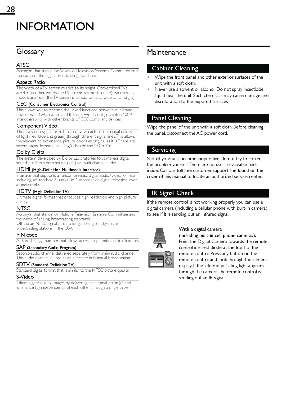 Magnavox 26MF301B owner manual Information, Glossary, Maintenance, Atsc, Ntsc 