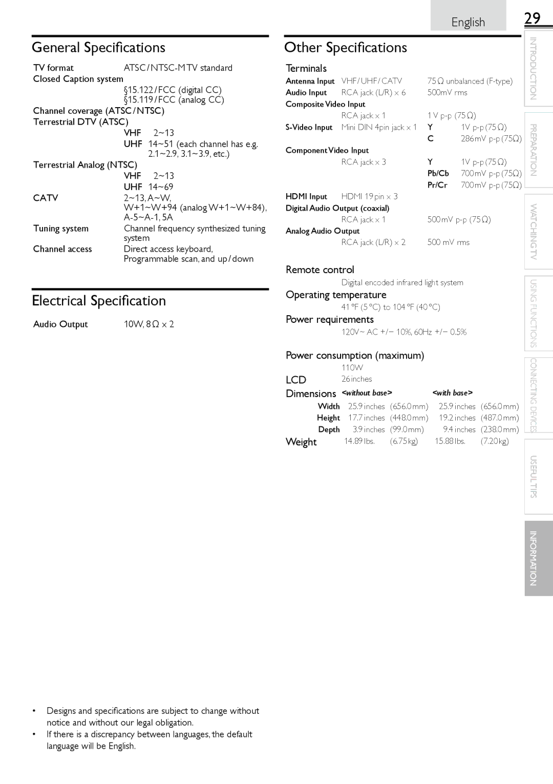 Magnavox 26MF301B owner manual General Speciﬁcations, Electrical Speciﬁcation, Other Speciﬁcations, Lcd 