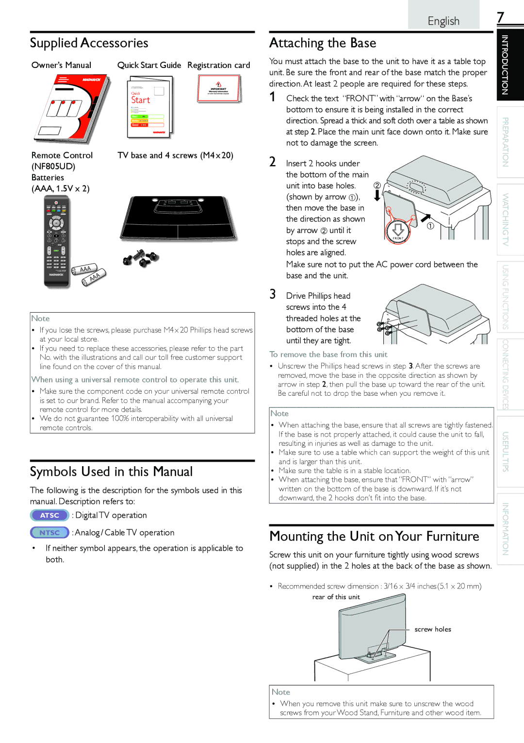 Magnavox 26MF301B owner manual Supplied Accessories, Symbols Used in this Manual, Attaching the Base 