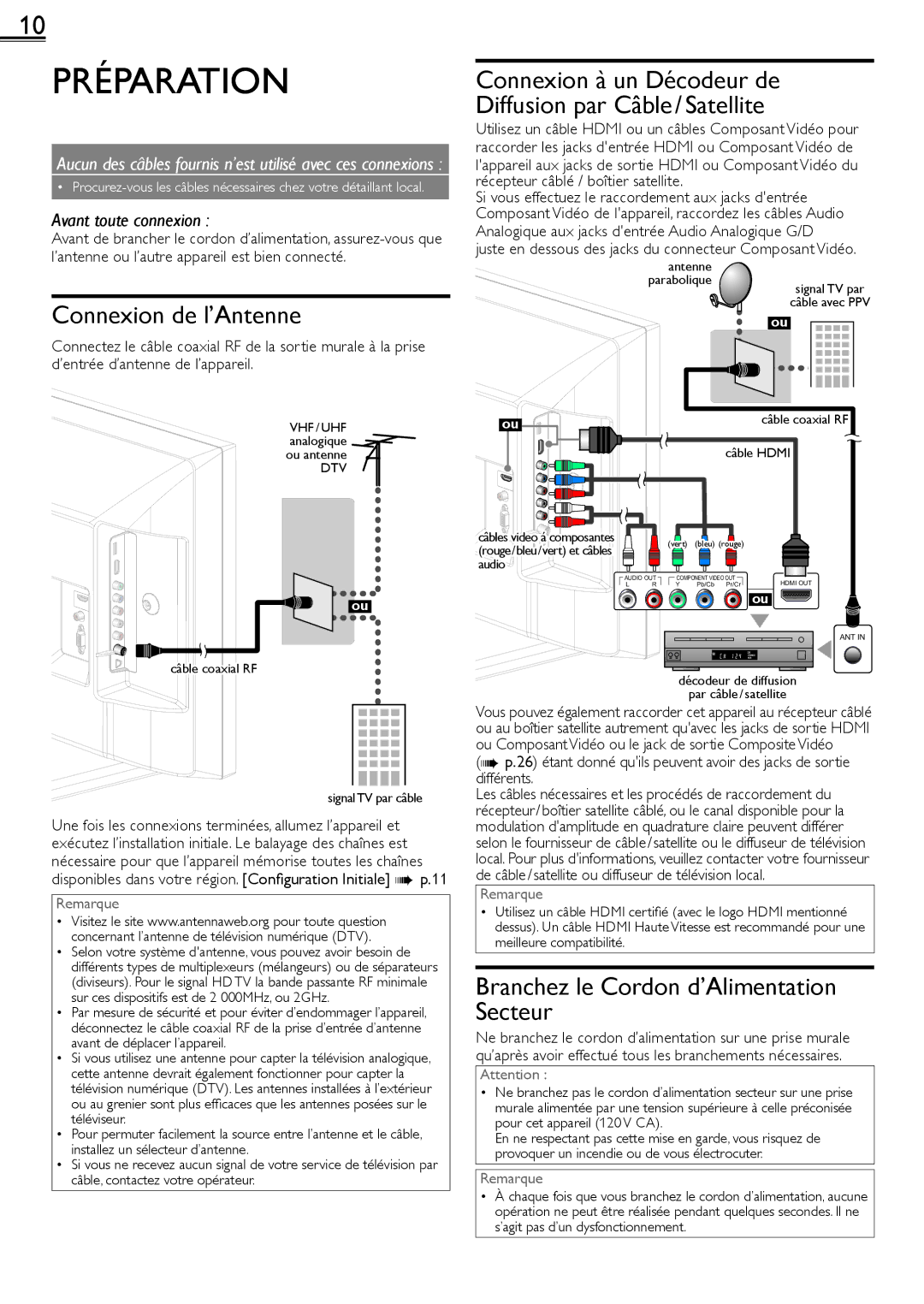 Magnavox 26MF321B owner manual Préparation, Connexion de l’Antenne, Branchez le Cordon d’Alimentation Secteur 