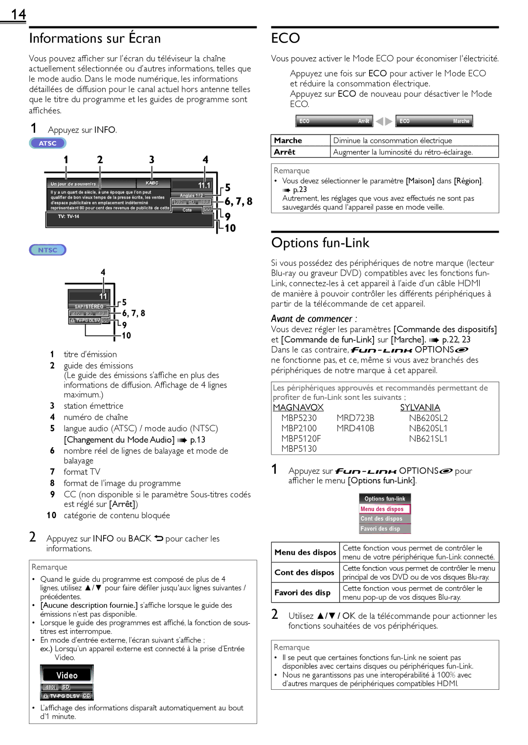 Magnavox 26MF321B owner manual Informations sur Écran, Options fun-Link 