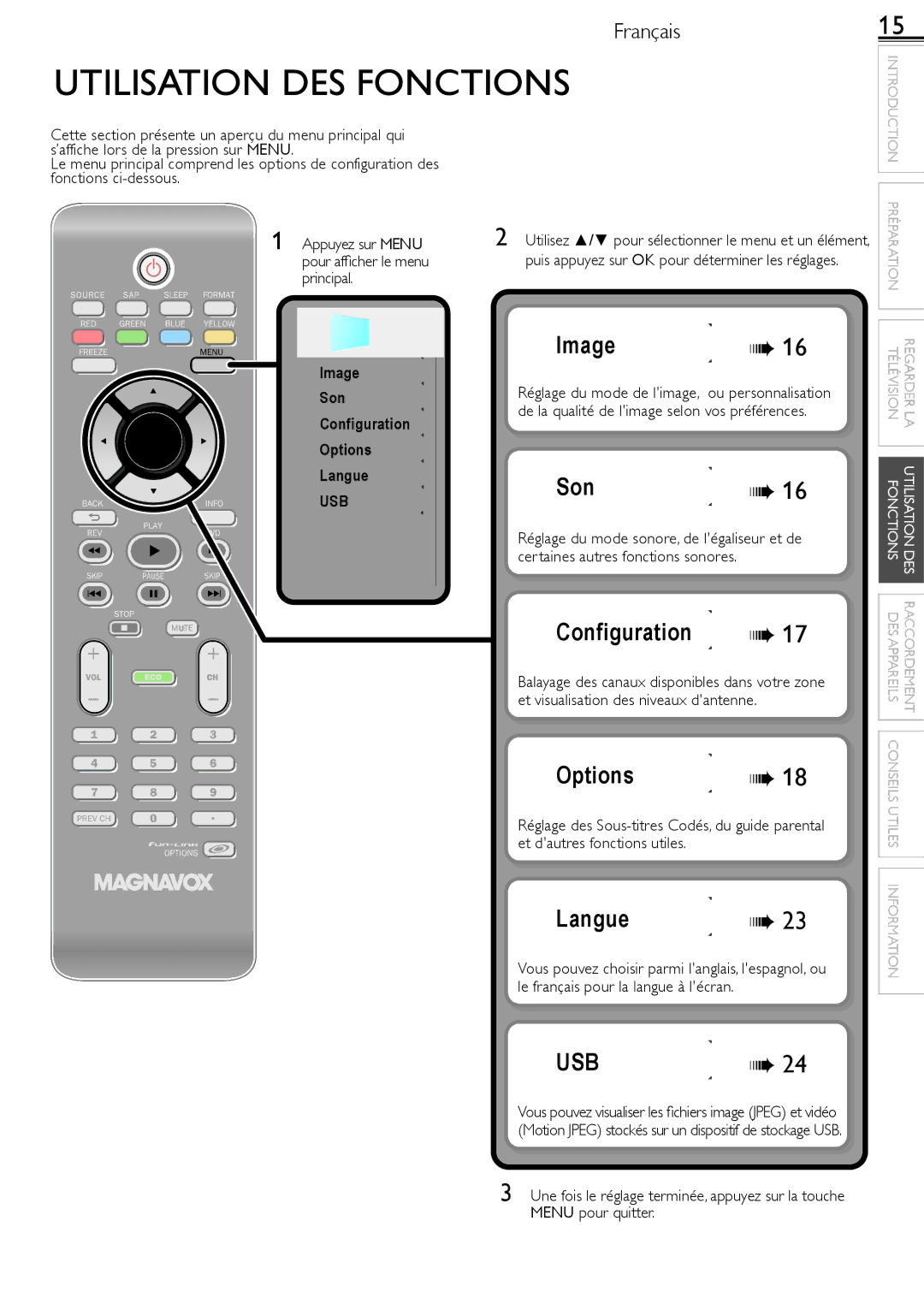 Magnavox 26MF321B owner manual Utilisation DES Fonctions, Usb 