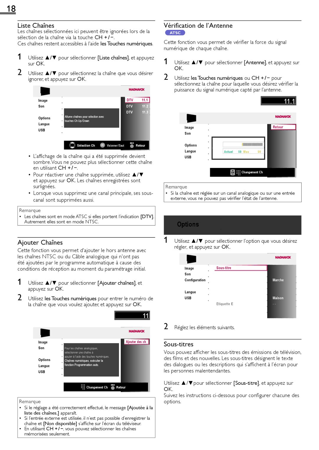 Magnavox 26MF321B owner manual Liste Chaînes, Vérification de l’Antenne, Ajouter Chaînes, Sous-titres 