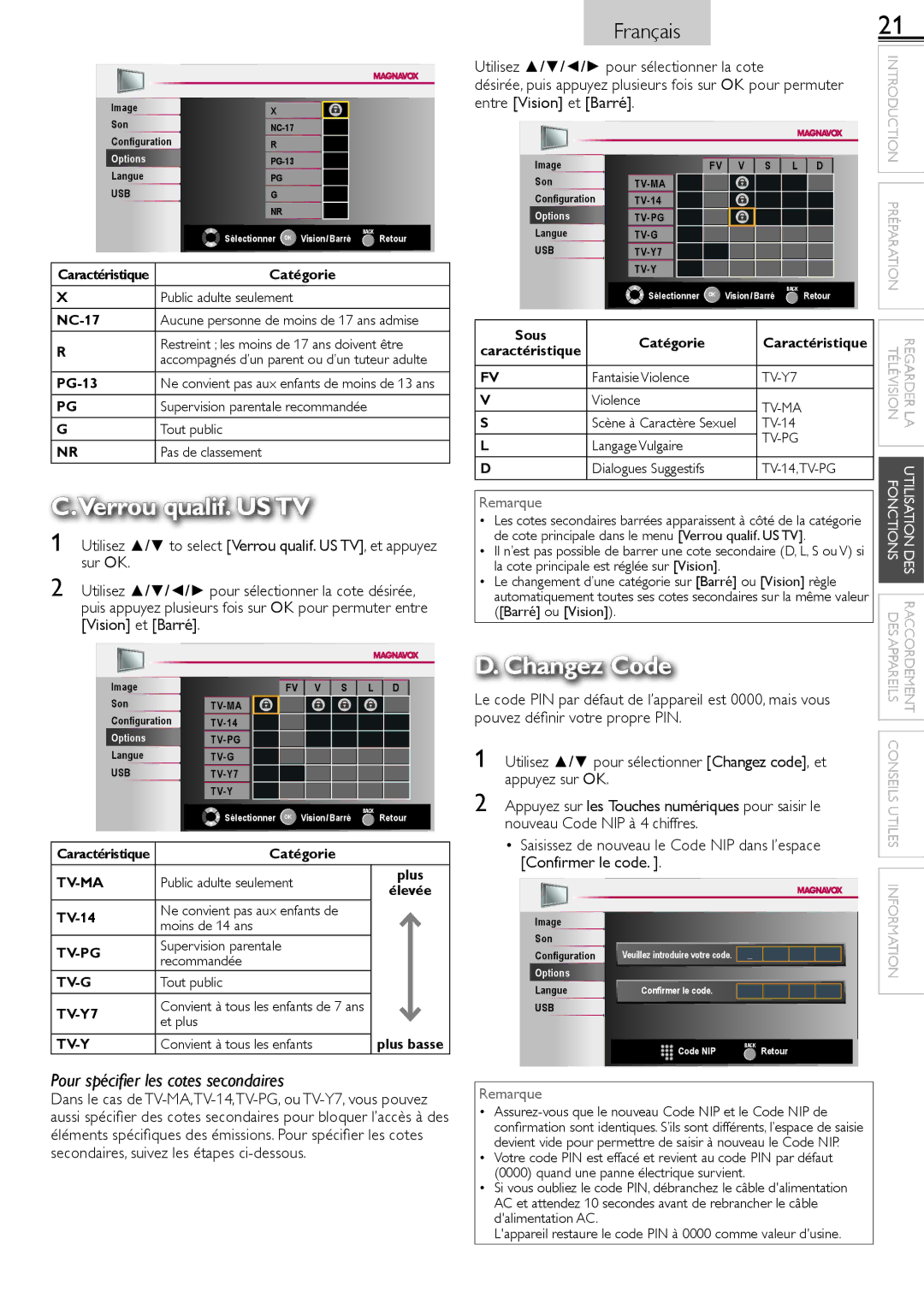 Magnavox 26MF321B owner manual Utilisez / pour sélectionner Changez code, et 