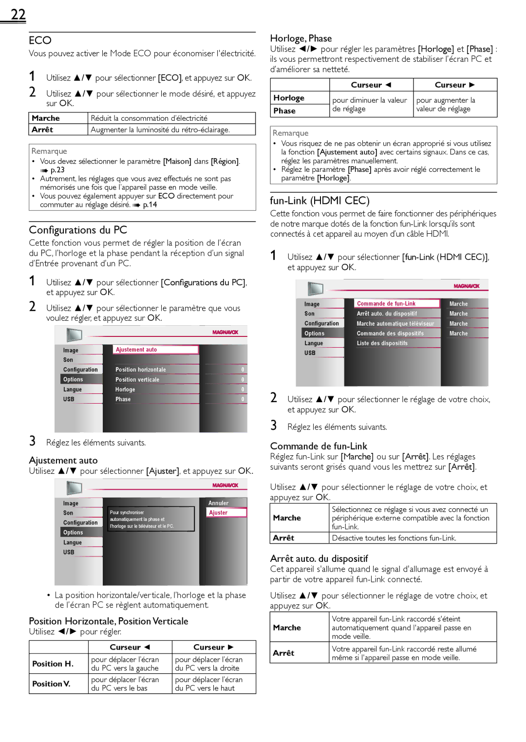 Magnavox 26MF321B owner manual Configurations du PC, Fun-Link Hdmi CEC 