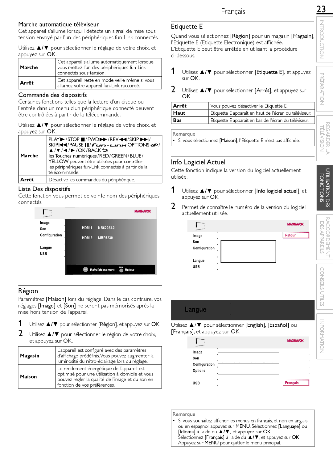 Magnavox 26MF321B owner manual Région, Etiquette E, Info Logiciel Actuel 