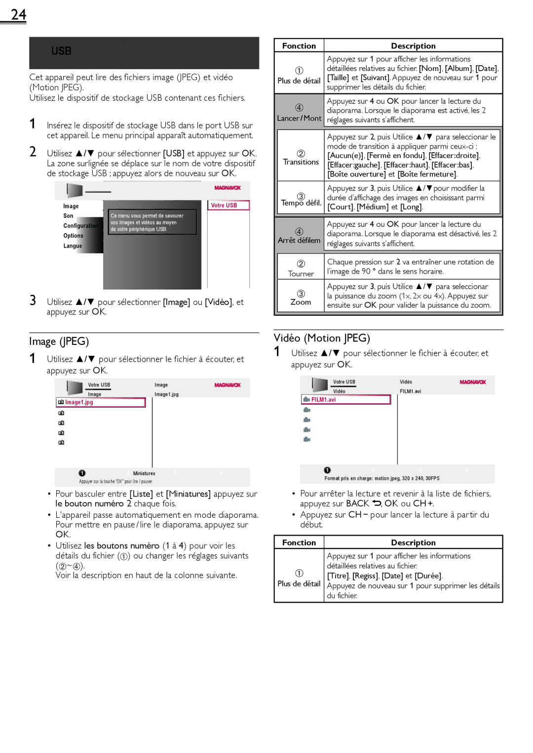 Magnavox 26MF321B owner manual Image Jpeg, Vidéo Motion Jpeg, Fonction Description 
